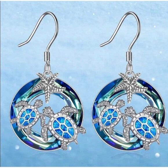 Turtle & Starfish Blue Crystal Earrings – Ocean Beach Vibes Jewelry - Picture 2 of 7